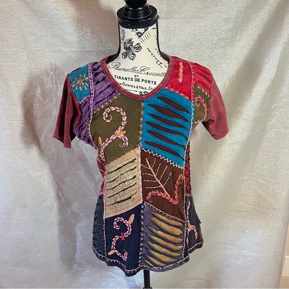 Rising International Short Sleeve Shirt Womens Sz M Hippie Boho Flair Colorful